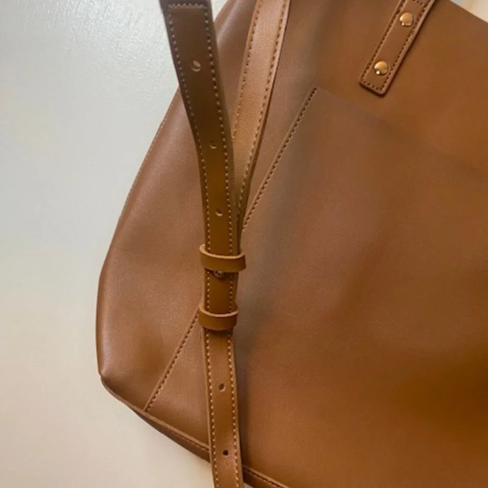 HENNY + LEV Cognac Brown Vegan Leather Everyday Tote Purse Bag Crossbody